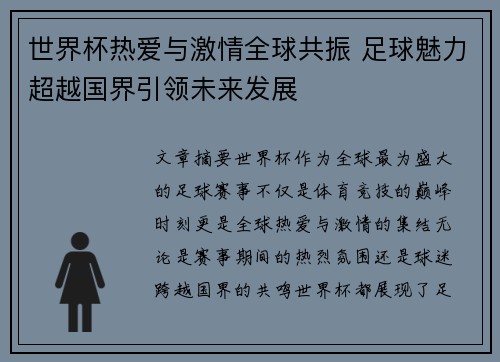 世界杯热爱与激情全球共振 足球魅力超越国界引领未来发展